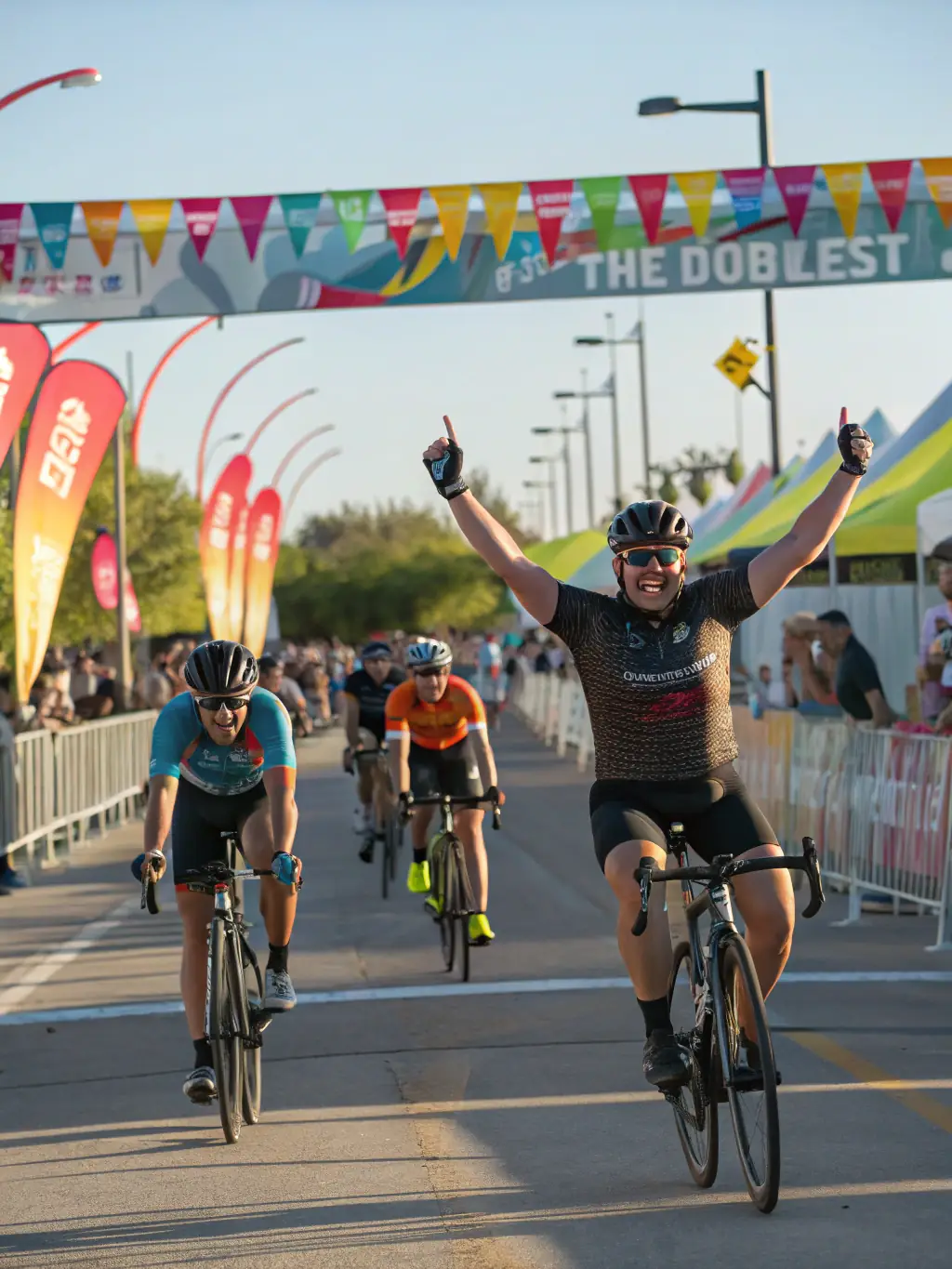 Cyclists crossing the finish line in a competitive race, with spectators cheering. The image is used to showcase the cycling competitions hosted by Société La Pédale Sanfloraine.