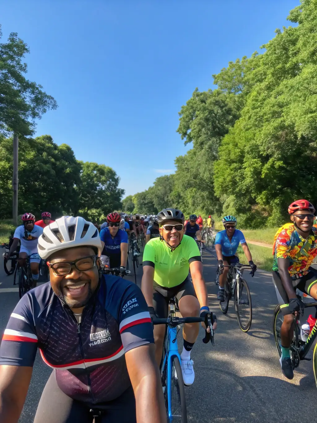 A group of cyclists riding together on a scenic route, emphasizing the social aspect of group rides and the beauty of the surrounding landscape. The cyclists are wearing La Pédale Sanfloraine jerseys.