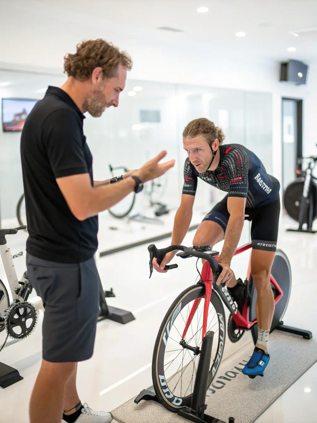 A cyclist participating in a training session, focusing on improving their pedaling technique, with a coach providing guidance in the background. The setting is a dedicated cycling training facility.