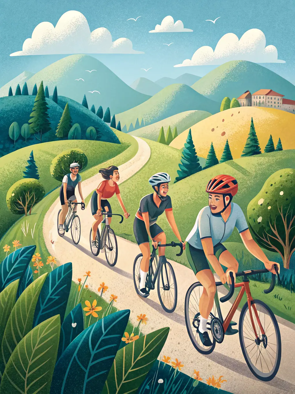 A diverse group of cyclists riding together through a picturesque town, smiling and enjoying the ride. The image is used to showcase the group rides and community events organized by Société La Pédale Sanfloraine.